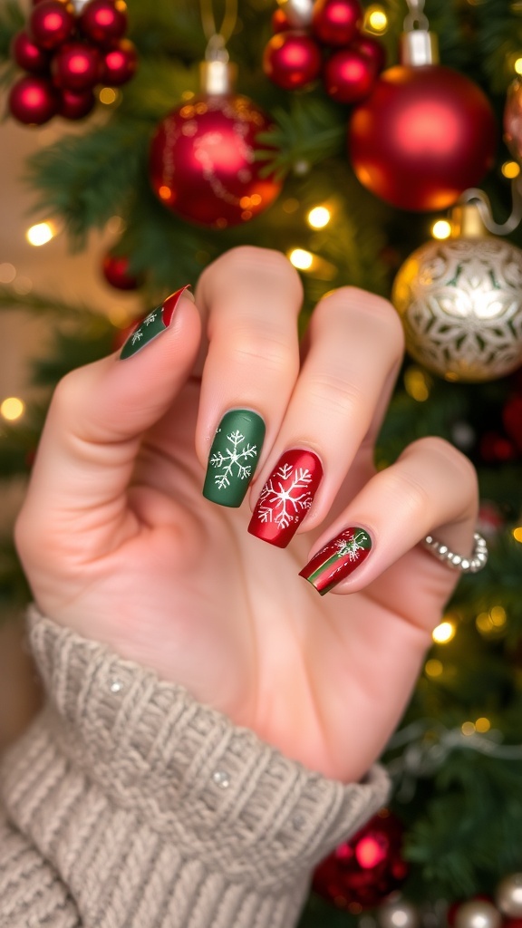 Elegant Christmas-themed nail art with red, green, and gold designs, set against a festive background.